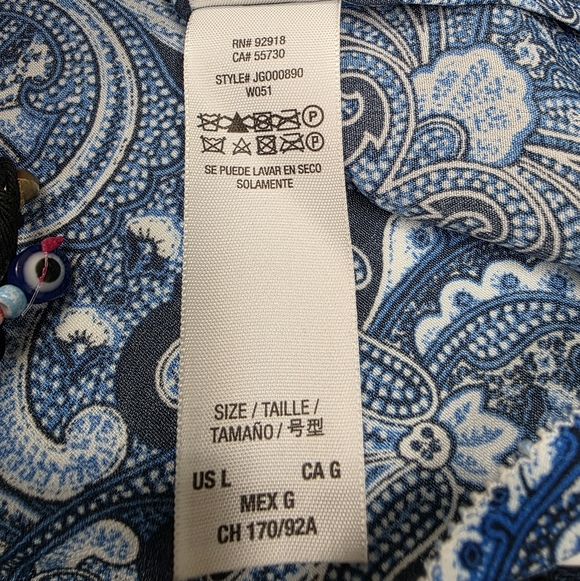 Juicy Couture Blue Paisley Sleeveless Blouse Tie Neck High Low Hem Size Large - Picture 7 of 8